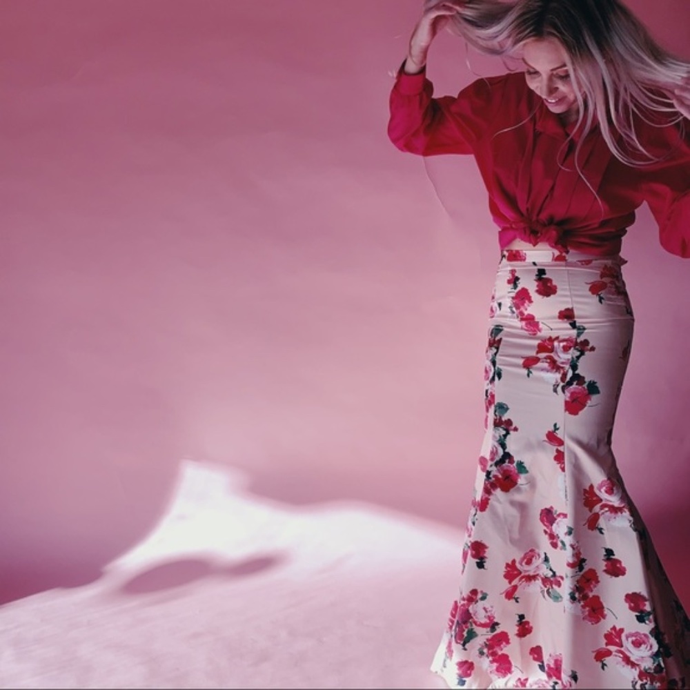 XSCAPE Floral Mermaid Tulle Layered Puff Maxi Skirt